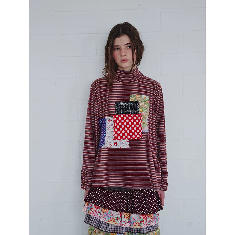 Brown Patchwork Stripe Long-Sleeve Top
