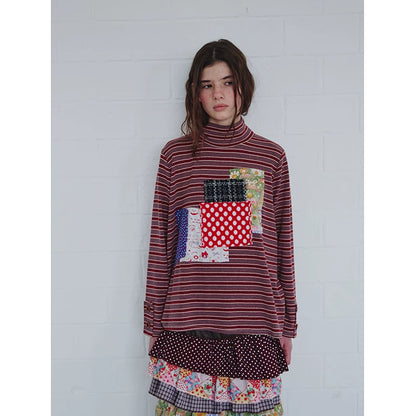 Brown Patchwork Stripe Long-Sleeve Top