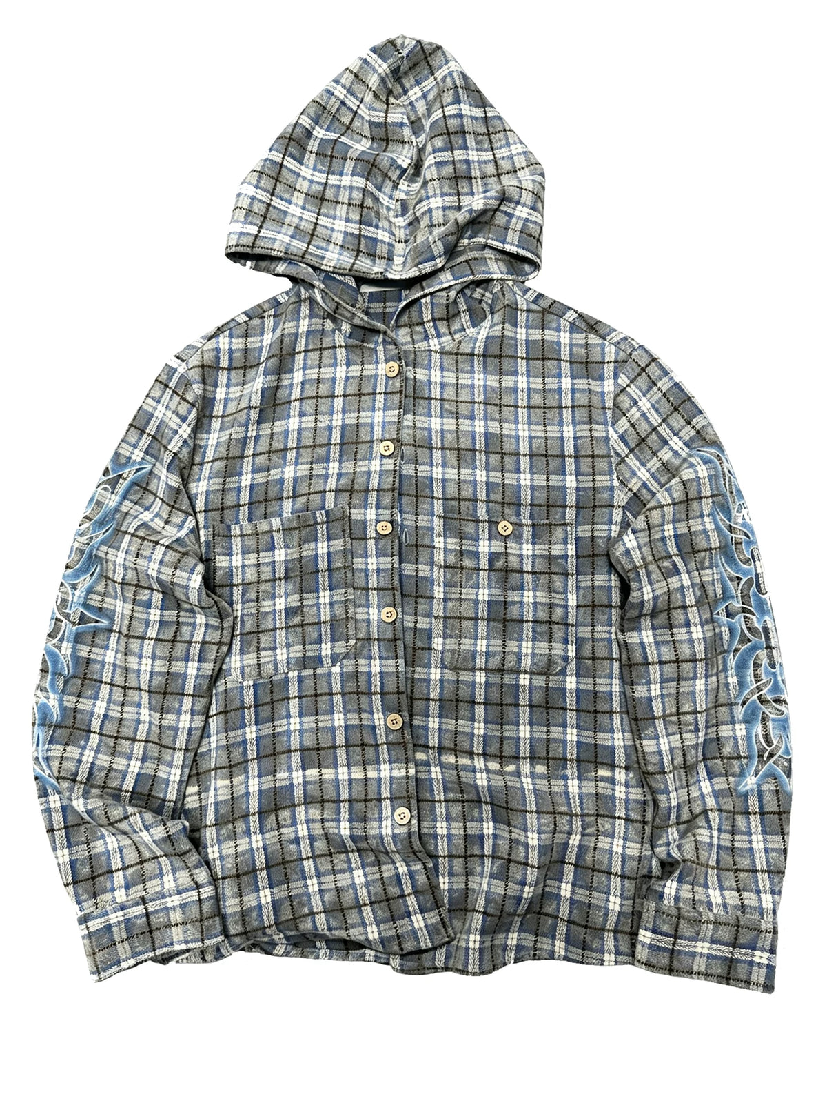 Blue-grey plaid hooded shirt, front view