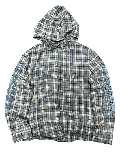 Blue-grey plaid hooded shirt, front view