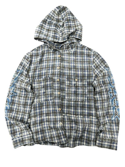 Blue-grey plaid hooded shirt, front view
