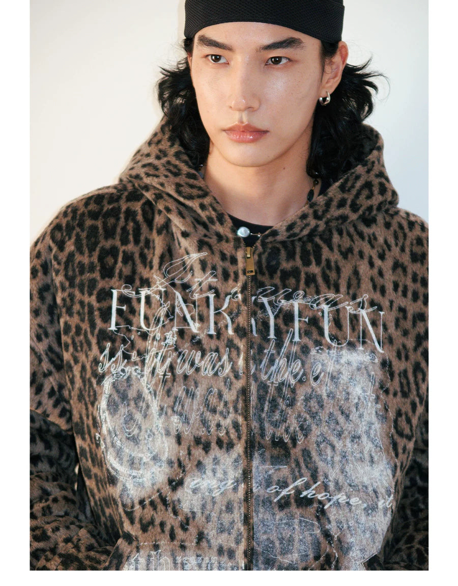 Distressed Leopard Print Padded Hooded Jacket