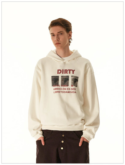 Cream graphic hoodie, chest print close view