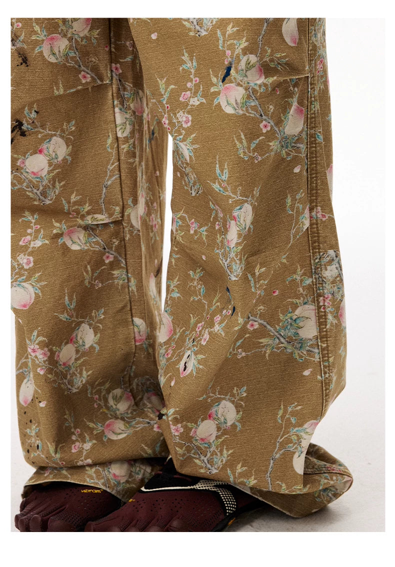 Distressed Floral Wide-Leg Cargo Pants