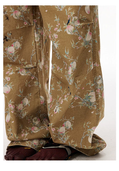 Distressed Floral Wide-Leg Cargo Pants