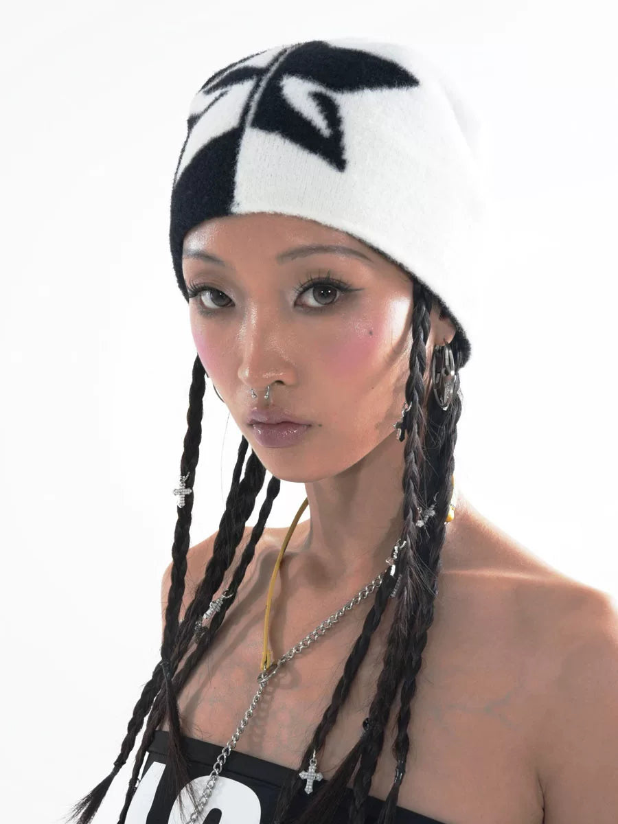 Split Black and White Star Faux Mohair Beanie on model