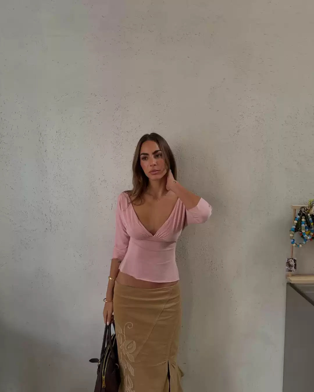 V-Neck Top & Midi Skirt