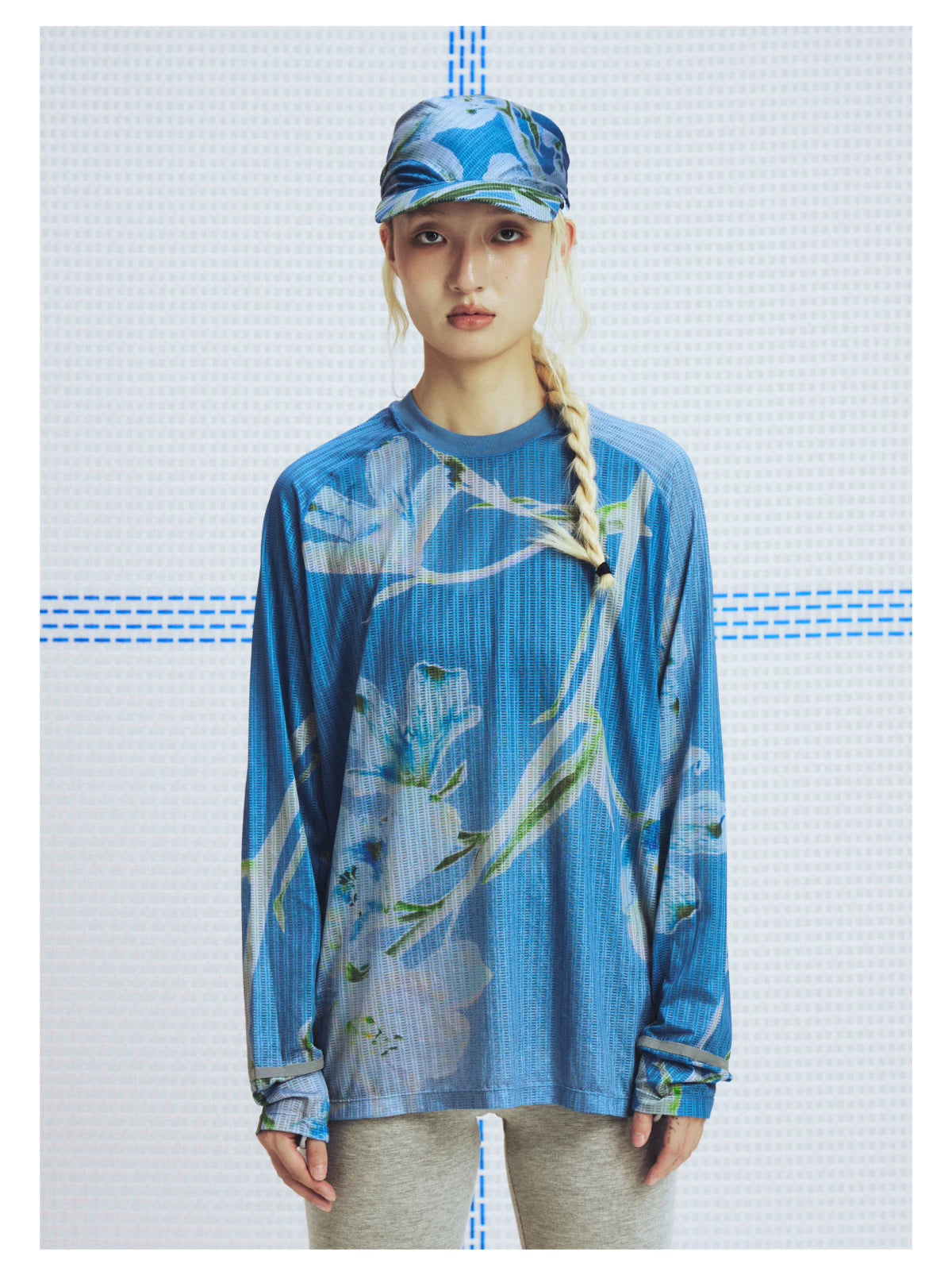 Ice flower blue nature print mesh long sleeve T-shirt, front view