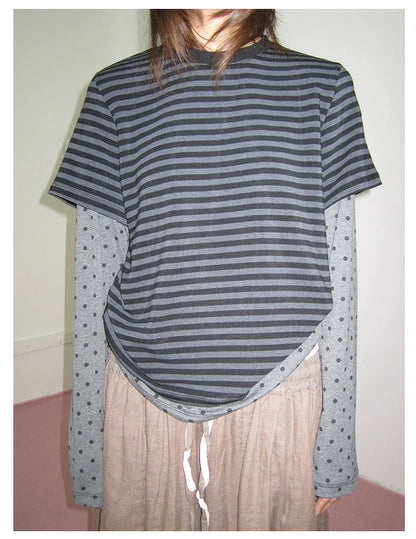 Grey Polka Dot Stripe Layered Long-Sleeve Tee