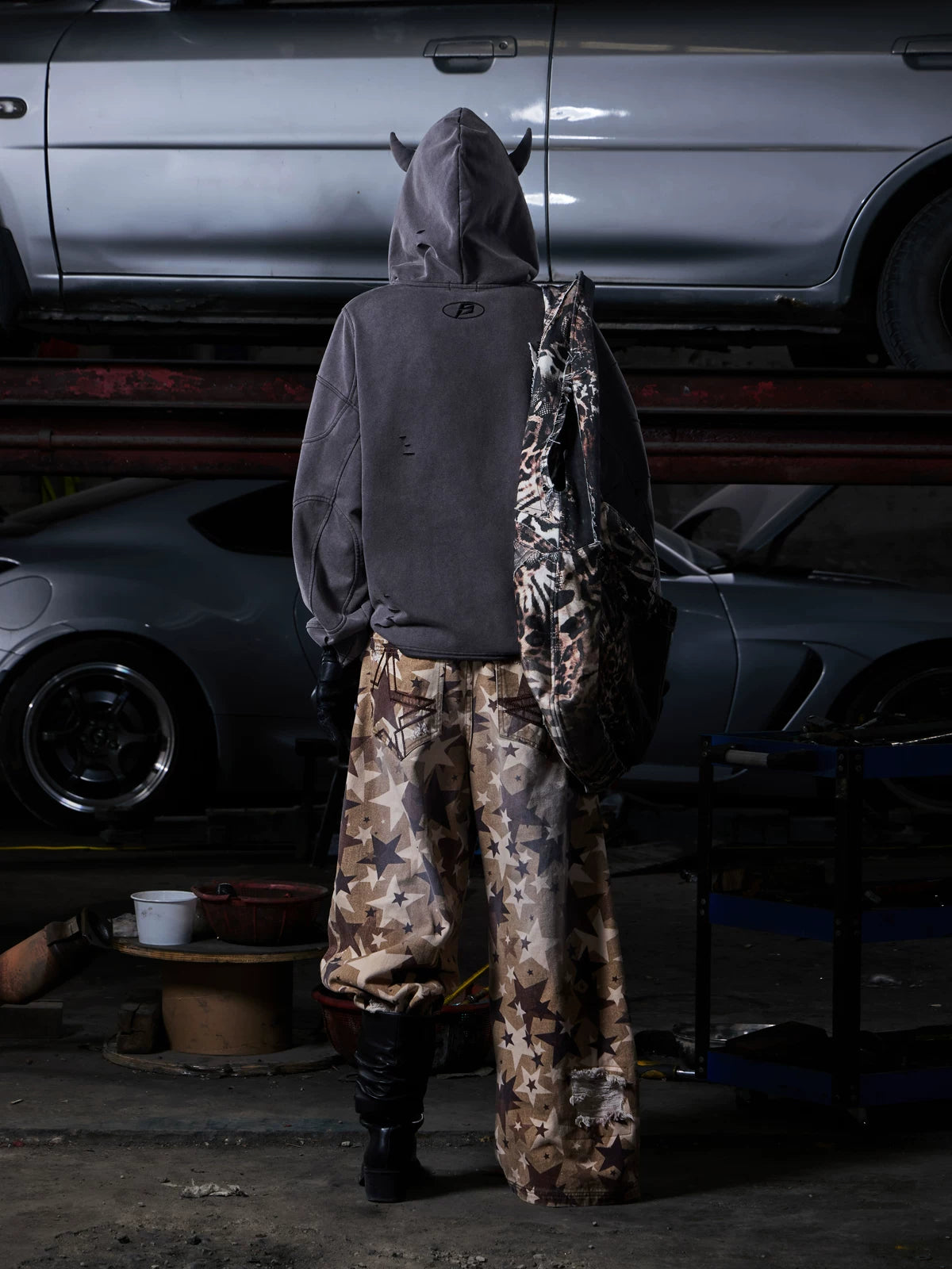 Grey hoodie, back view