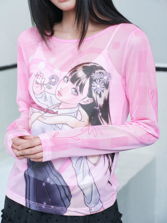 Top de manga larga con mangas de malla estampada