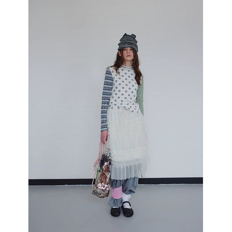 Langarm-T-Shirt mit Punkt-Streifen-Patchwork