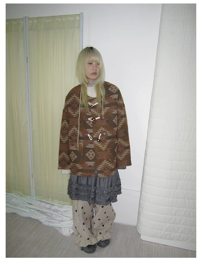 Brown Geometric Jacquard Padded Toggle Coat