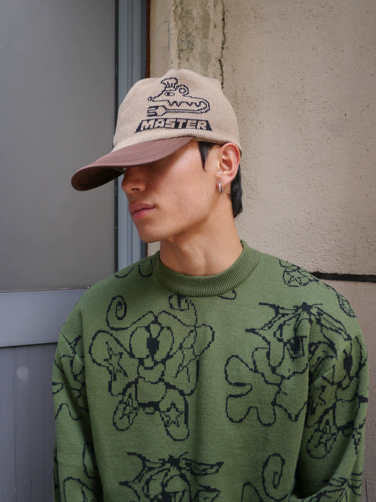 Graphic Embroidered Knit Beanie in Brown and Blue color