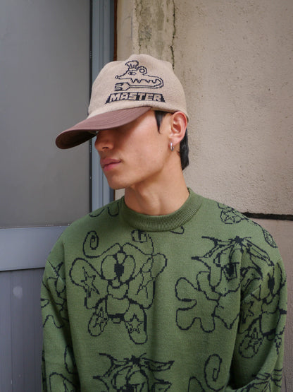 Graphic Embroidered Knit Beanie in Brown and Blue color