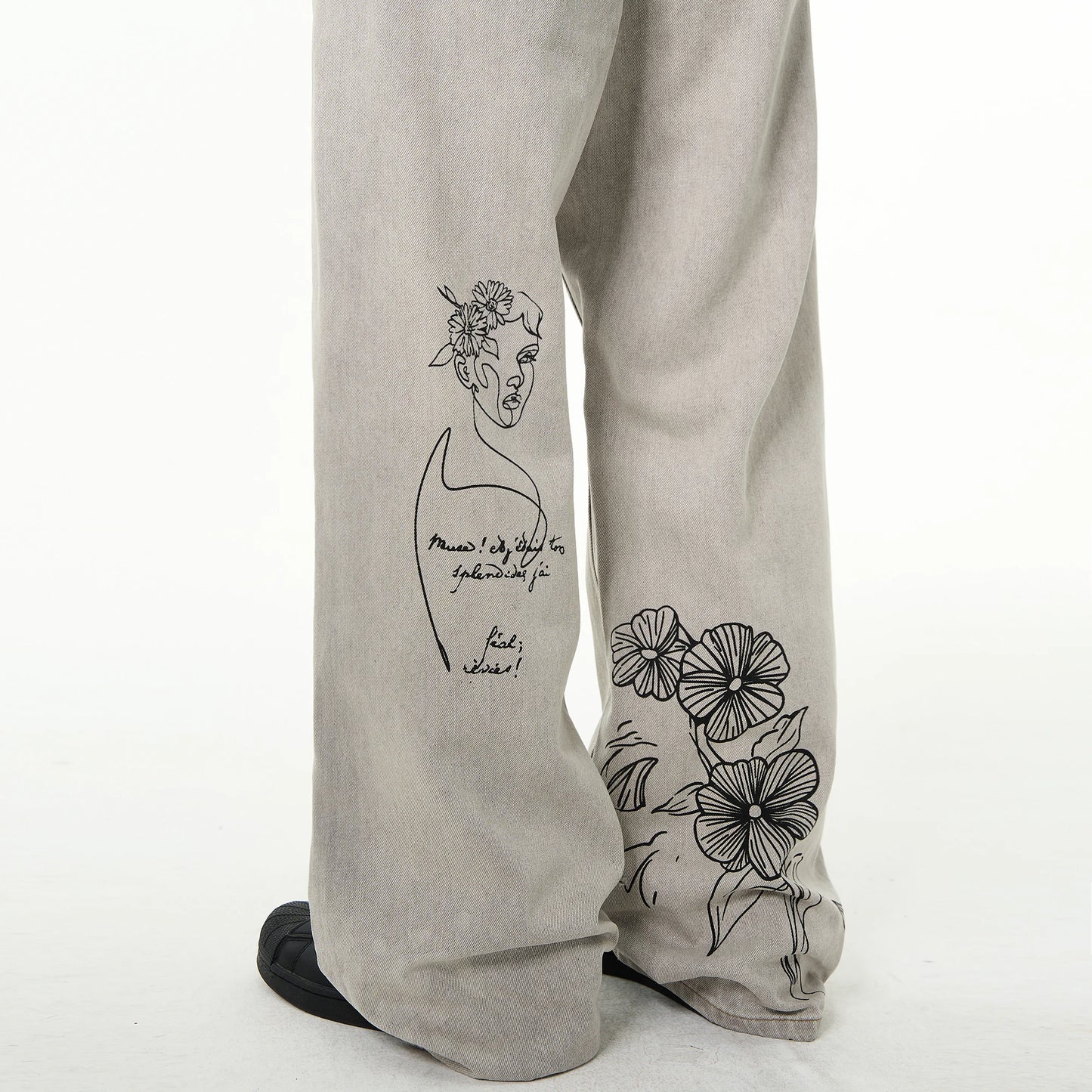 Graffiti Distressed Flared Denim Jeans