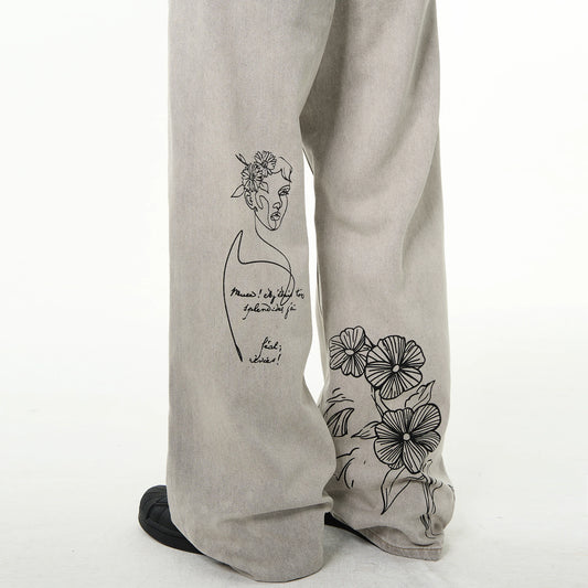 Graffiti Distressed Flared Denim Jeans