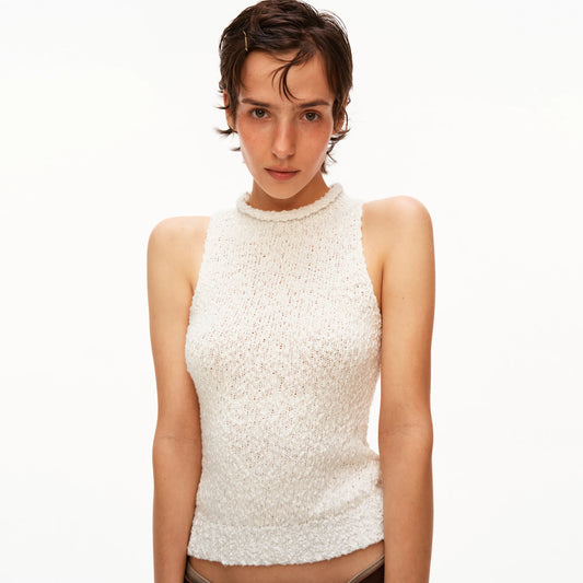 High Neck Textured Cotton Knit Tank Top