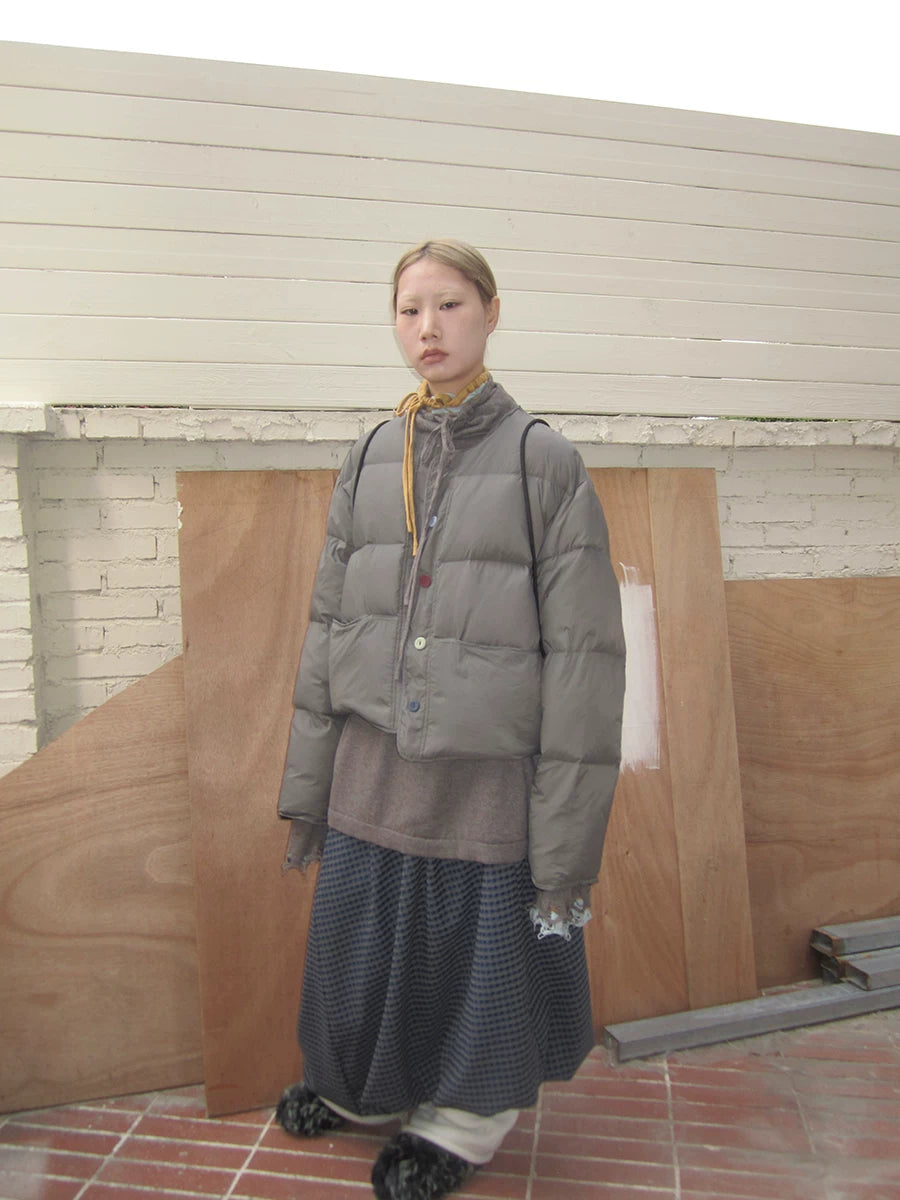 Grey Cropped Stand-Collar Down Jacket