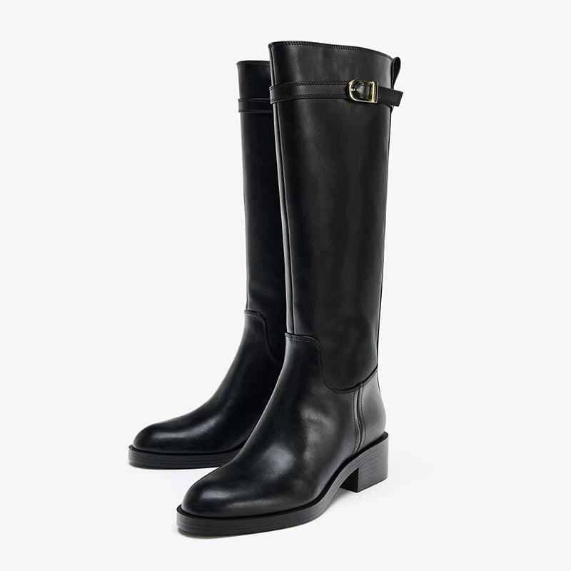 Women's Buckle Block Heel Riding Knee-High Boots