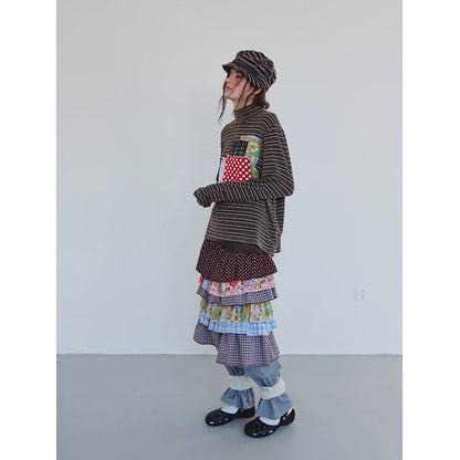 Colorblock Tiered Midi Skirt