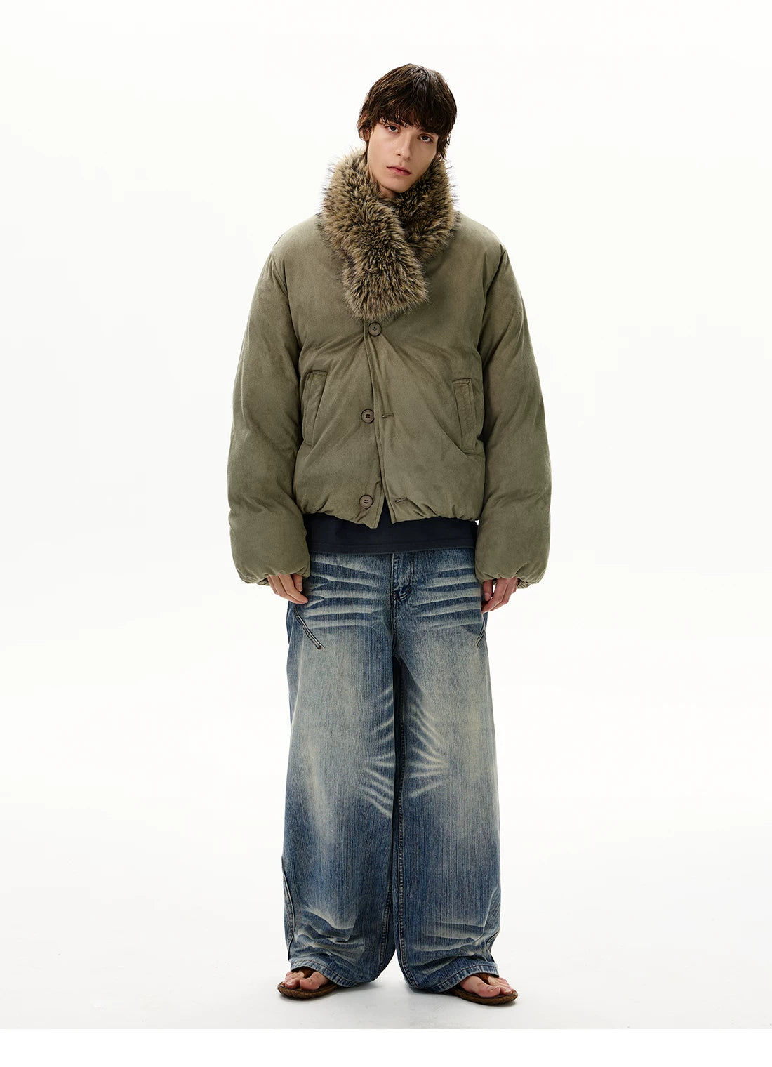 Olive padded jacket with detachable shaggy collar, full view
