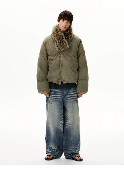 Olive padded jacket with detachable shaggy collar, full view