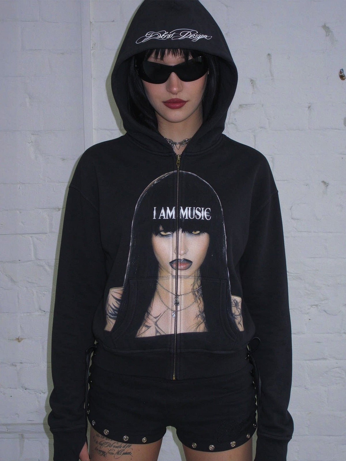 Graphic Fleece-Lined Zip Hoodie in black