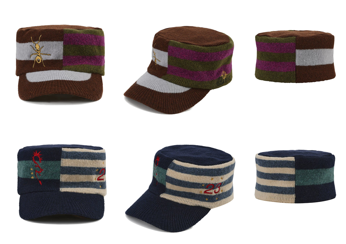 Embroidered Curved-Brim Knit Cap in Navy and Brown color