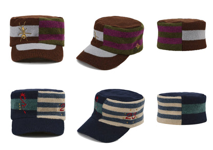 Embroidered Curved-Brim Knit Cap in Navy and Brown color
