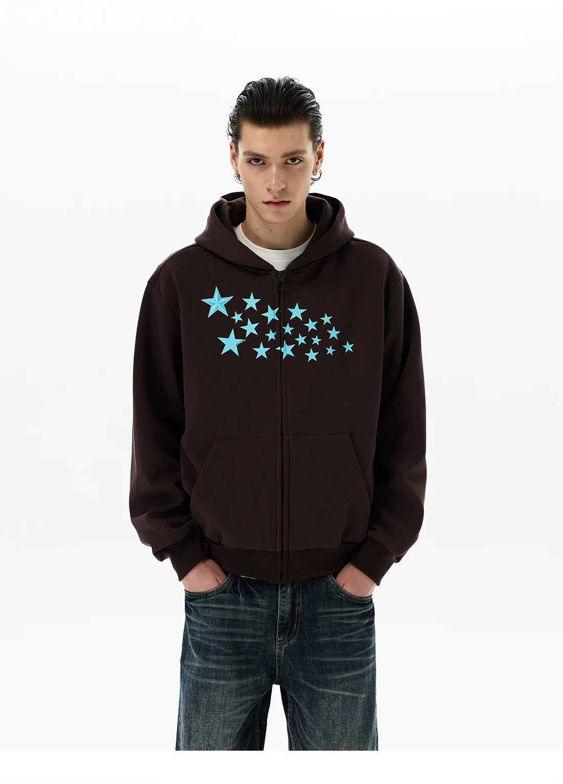 Coffee brown hoodie, front view with blue star print