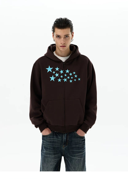 Coffee brown hoodie, front view with blue star print