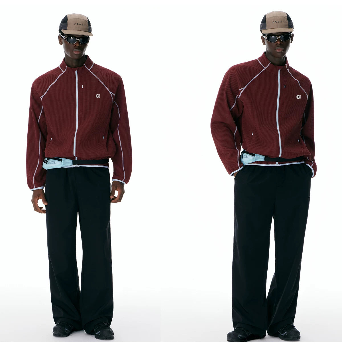 Burgundy jacket shown full length and from the back