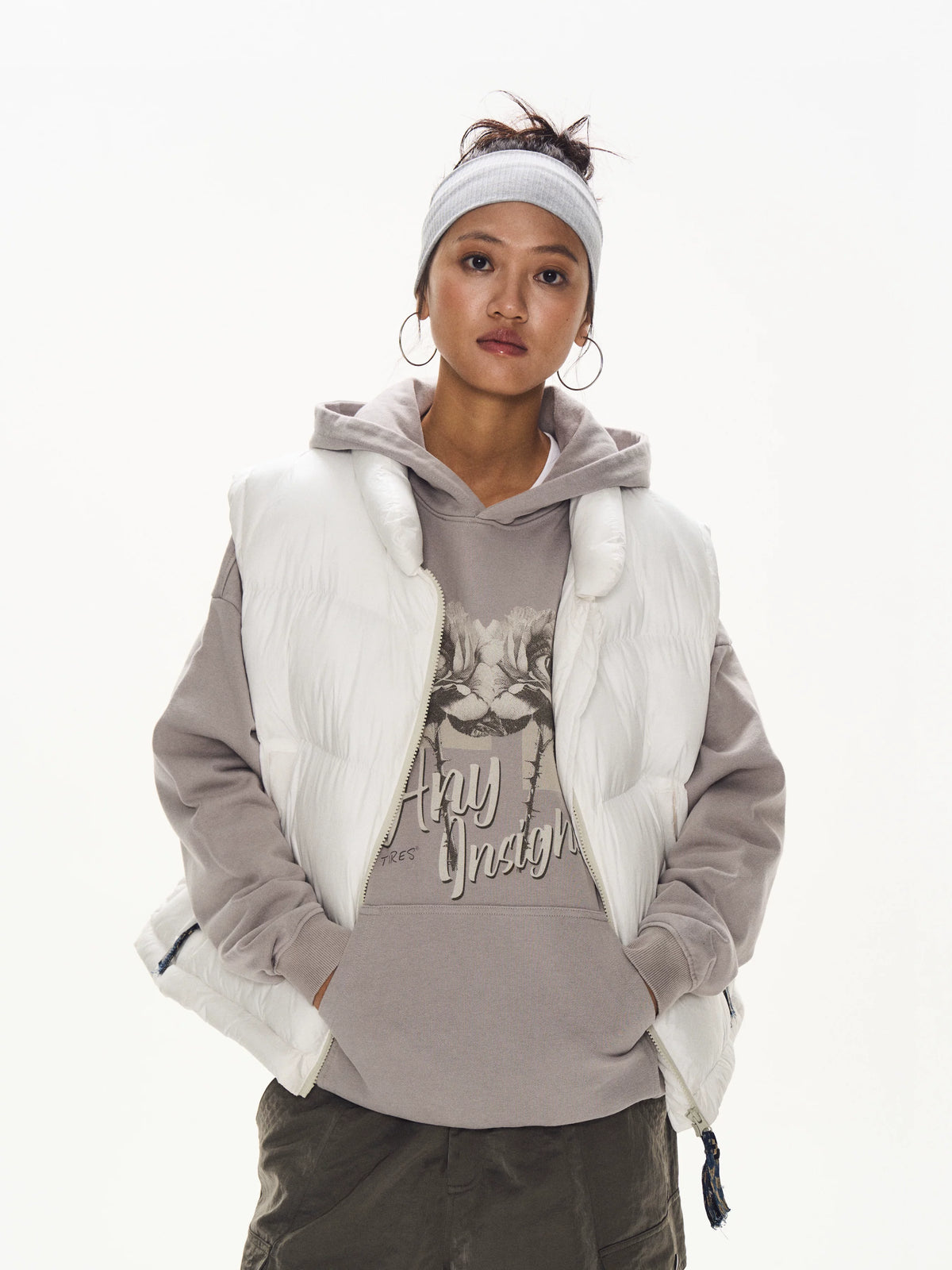 Quilted Stand Collar Puffer Vest white product view