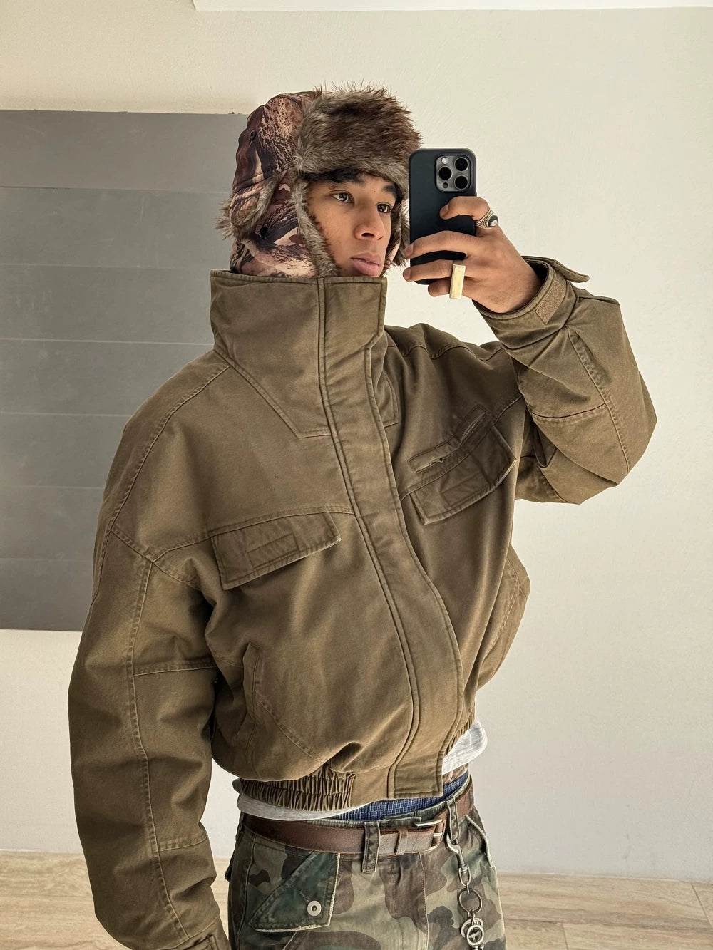 VLABMADE Distressed Faux-Fur Lined High-Collar Jacket