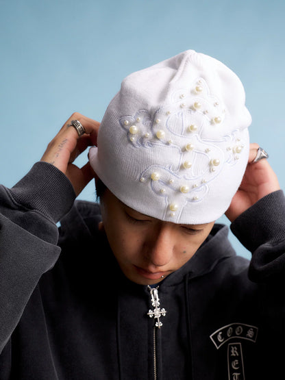 Pearl Cross Embroidered Knit Beanie in ivory