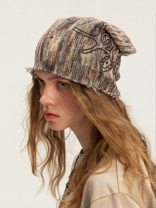 Distressed Starfish Graphic Knit Beanie, Vintage Washed Frayed Edge Winter Hat, Unisex Grunge Streetwear Cold Weather Cap