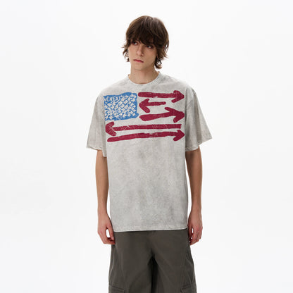 Heather gray vintage washed graphic T-shirt worn by a model