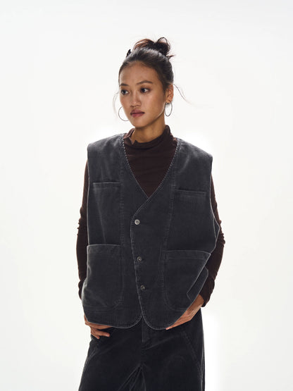 Washed Corduroy Denim Vest front view