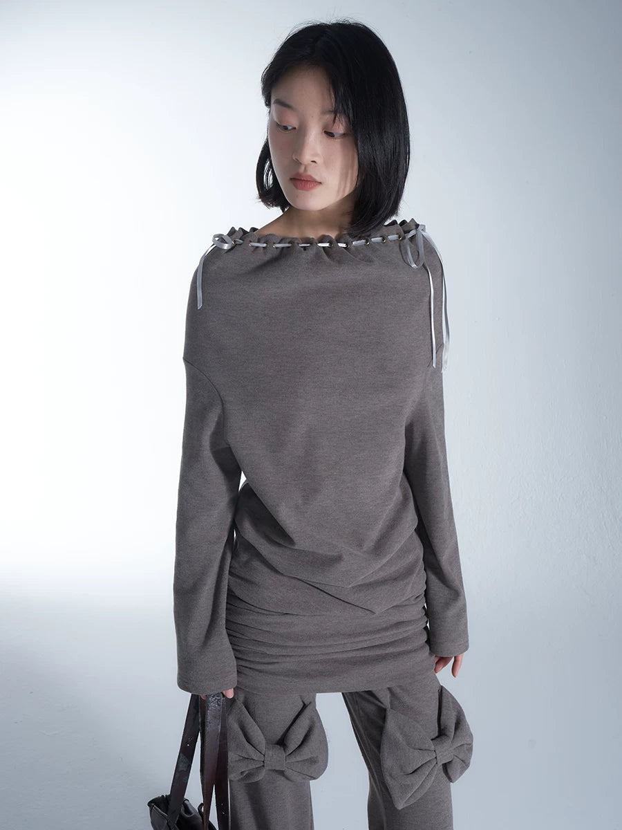 TROPICEYE Off-Shoulder Knit Mini Dress — Camel Grey
