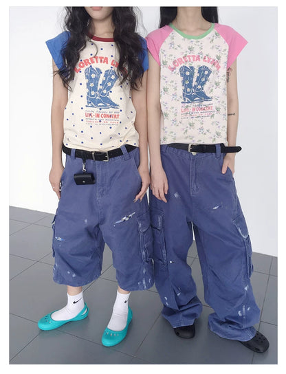 Distressed Splatter Print Wide-Leg Denim Shorts