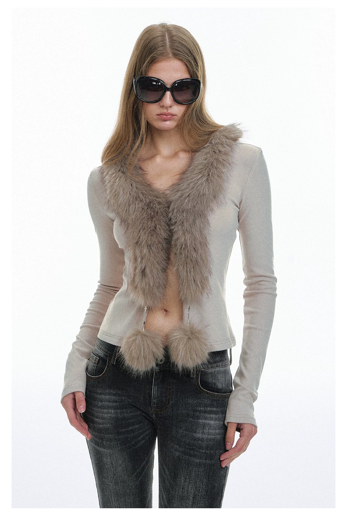 Faux-Fur Trim Knit Cardigan