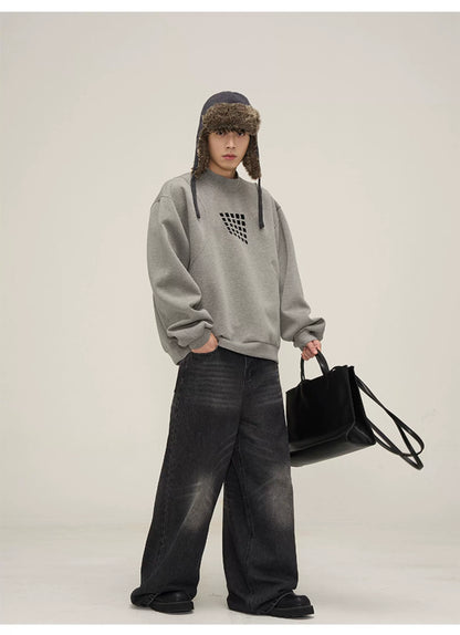 Grid Motif Relaxed Crewneck Sweatshirt in gray