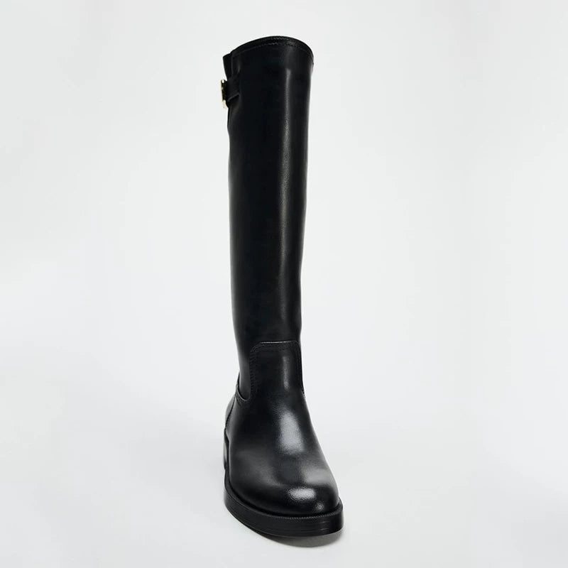 Women's Buckle Round Toe Block Heel Knee-High Boots