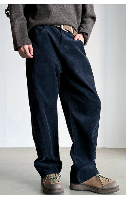 Navy cotton corduroy straight leg pants, front view