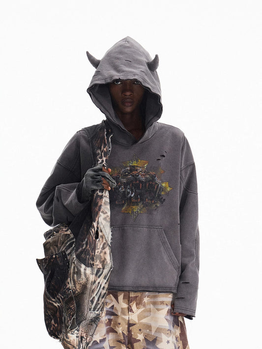 Grey horn-detail hoodie with chest graphic, front view