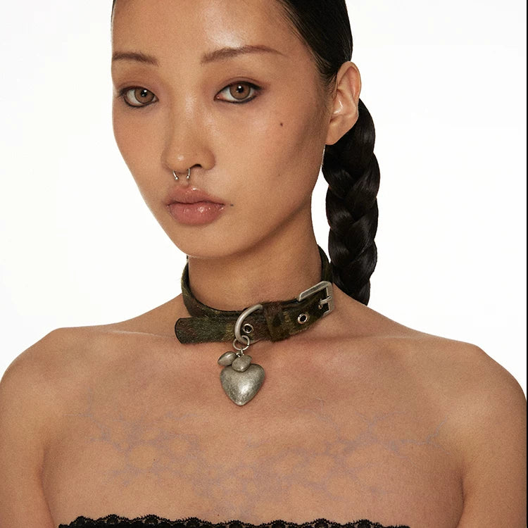 Leopard Print Heart Pendant Choker worn view