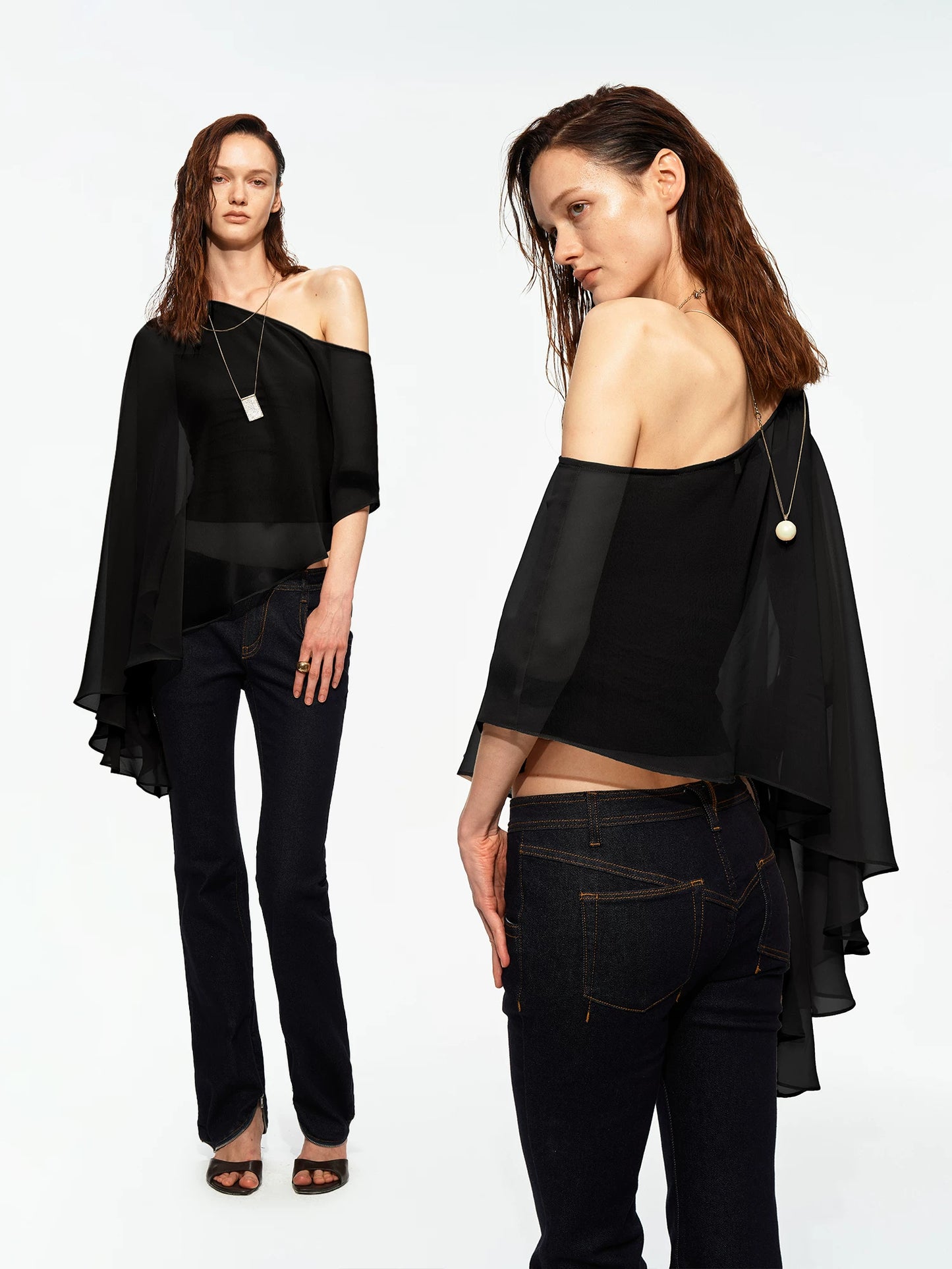 Matte Chiffon One-Shoulder Layered Cape Top