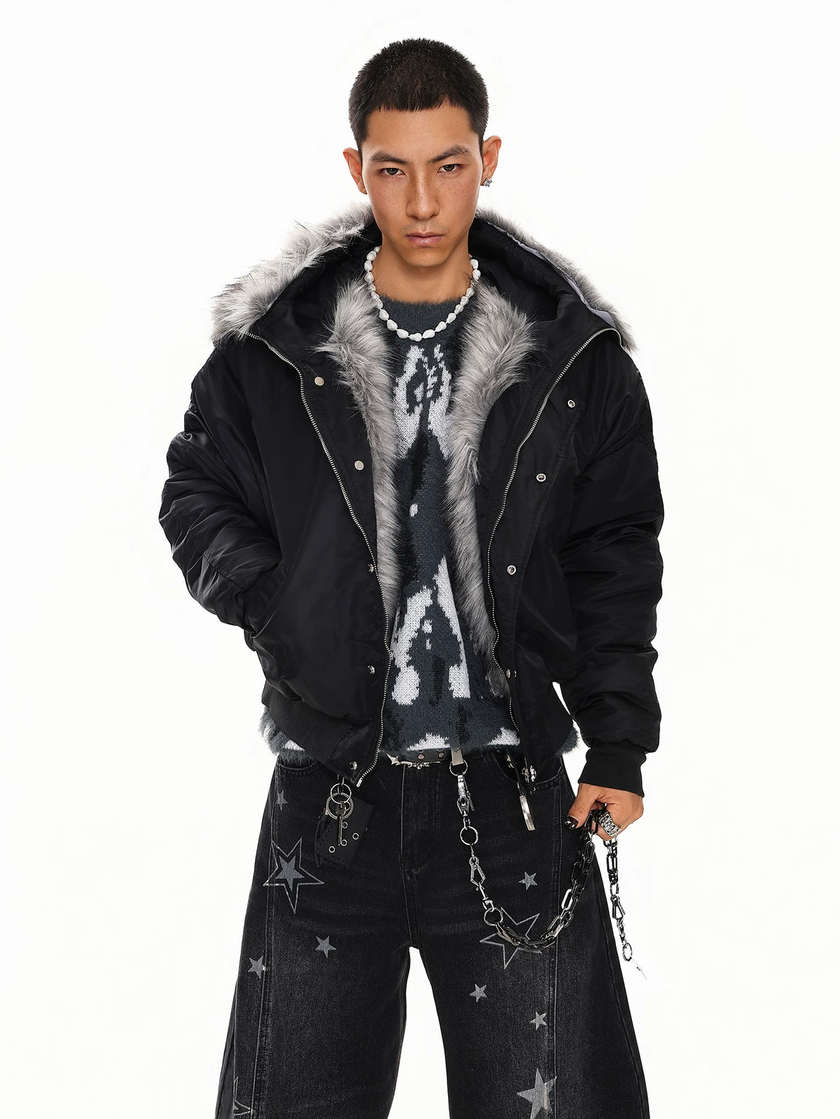 Black faux fur hood bomber jacket worn open, front view on model