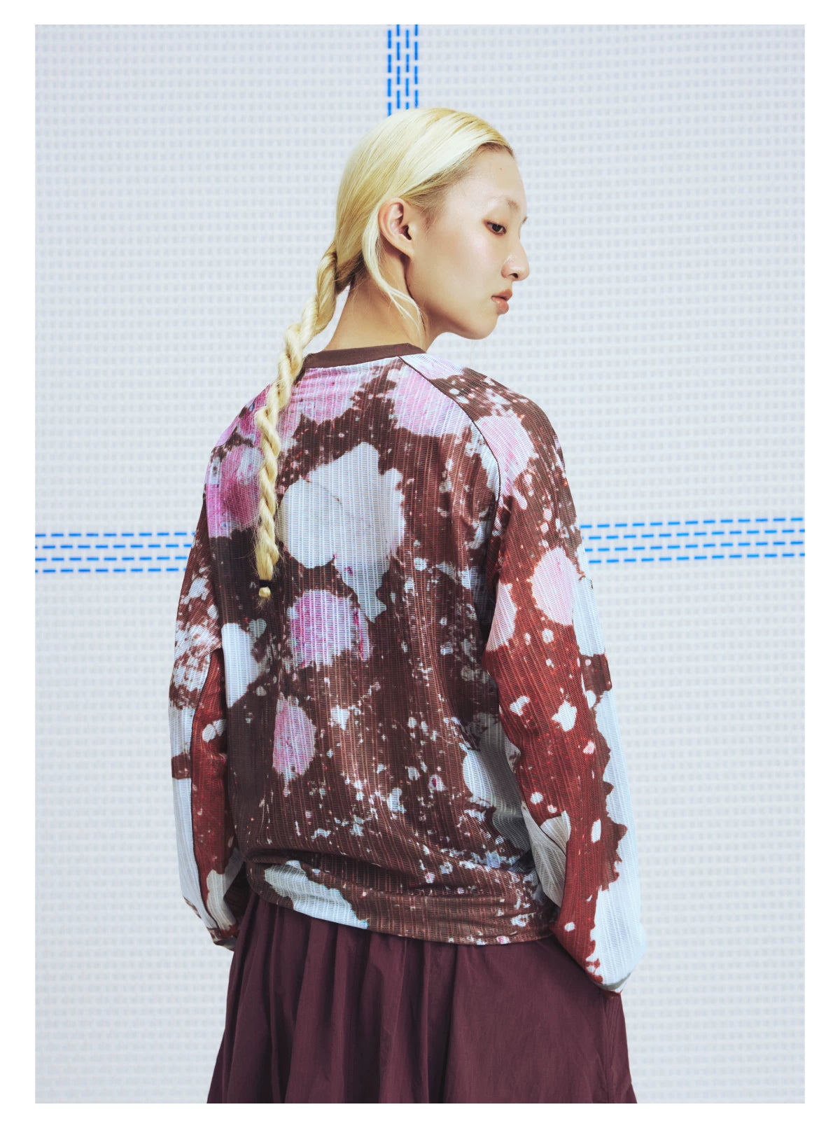 Peach pink nature print mesh long sleeve T-shirt, back view